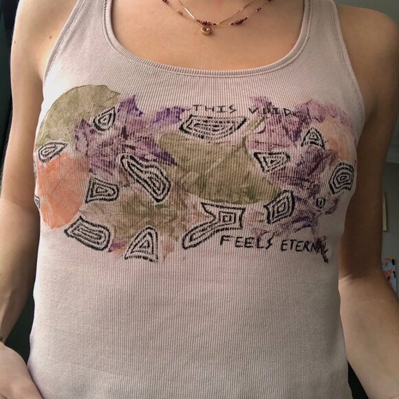 H&M ‘This Void Feels Eternal’ Hand Painted Brown Tank Top with Leaf Print Design - Picture 2 of 8